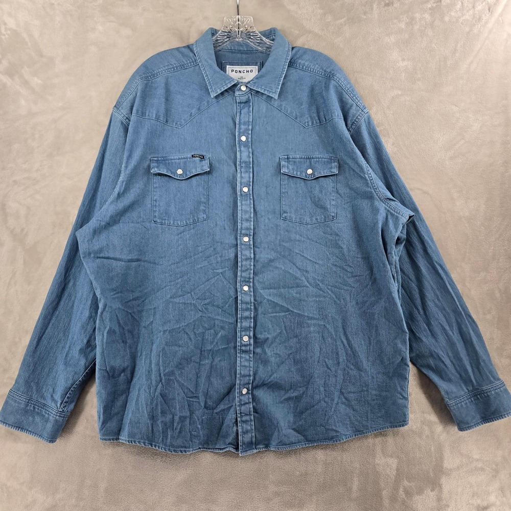 Poncho Western Denim Shirt Mens XXL Blue Denim Pearl Snap Long Sleeve